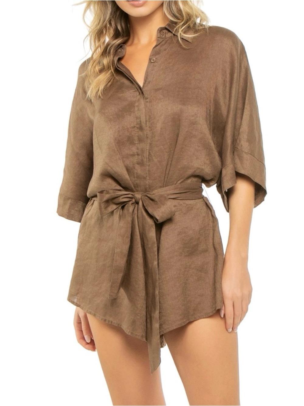 NEW Elan Linen Cover Up Belted Romper Collared Shorts Brown Size L Button Front
